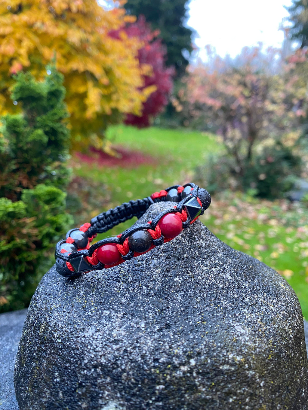 Prosperity bracelet men gift for him. Natural Black opal, Red Coral, lava, hematite men's bracelet cord.