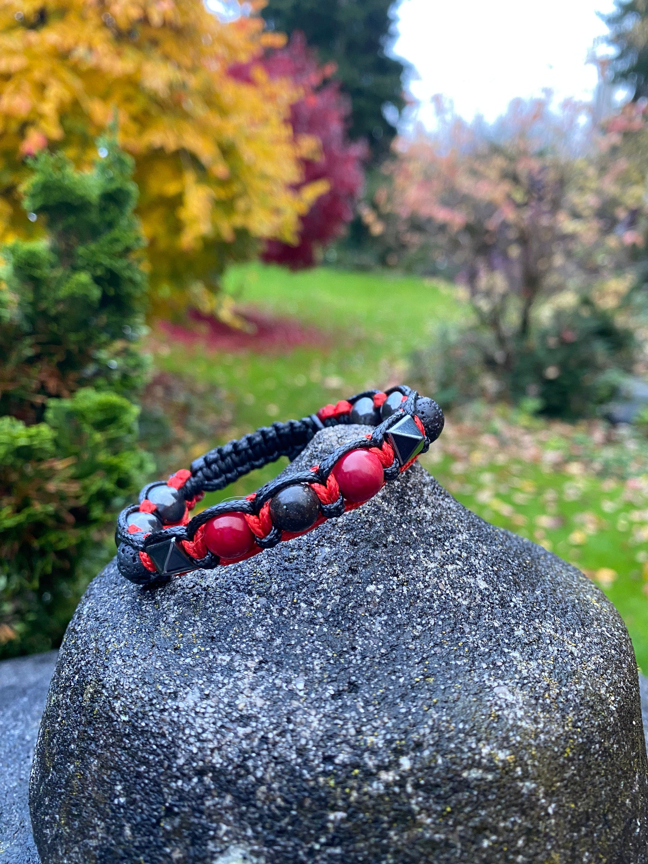 Prosperity bracelet men gift for him. Natural Black opal, Red Coral, lava, hematite men's bracelet cord.
