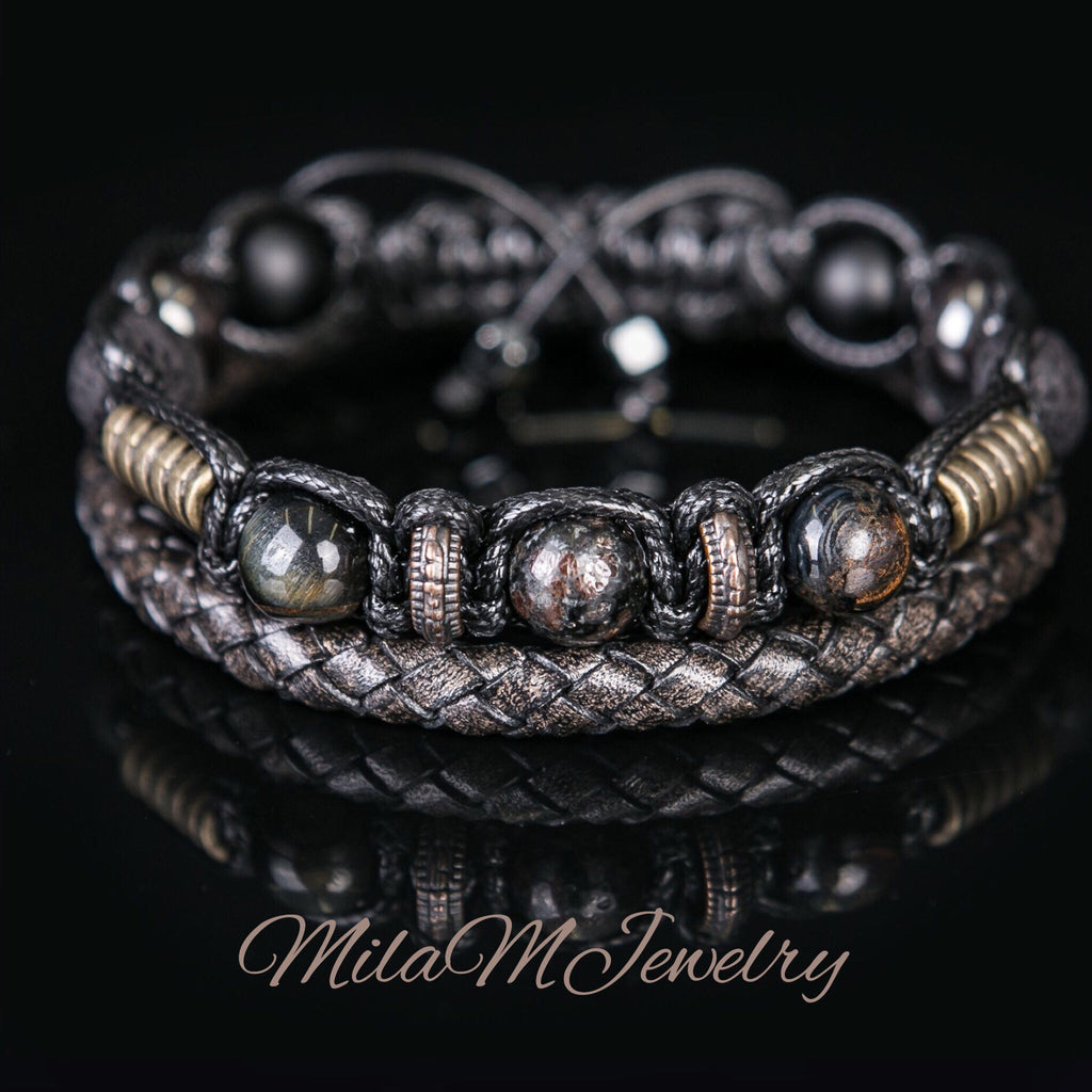 Men's Beaded Bracelet: Hawk Eye, Lava Rock, Hematite & Leather