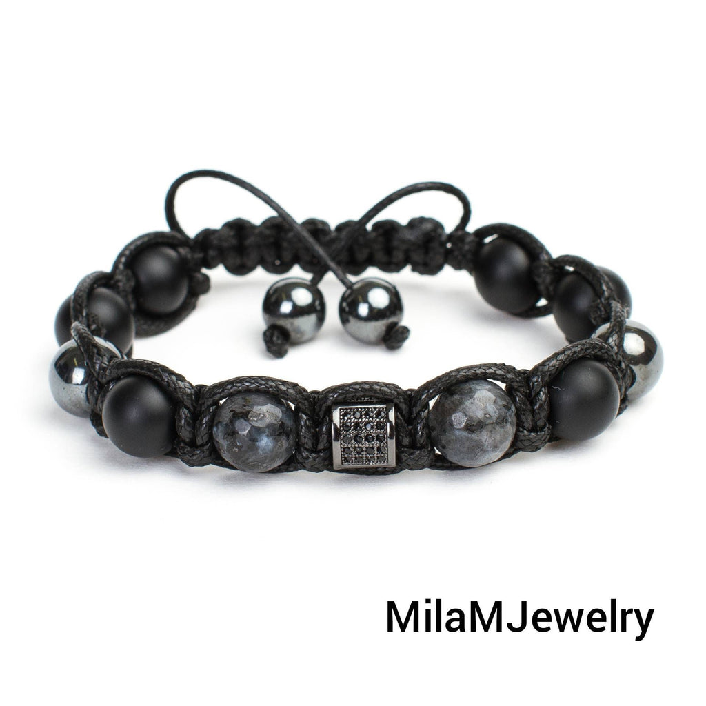 Men's bracelet diamond Black beads hematite, lavrikite, black onyx, zirconium. Gift for men