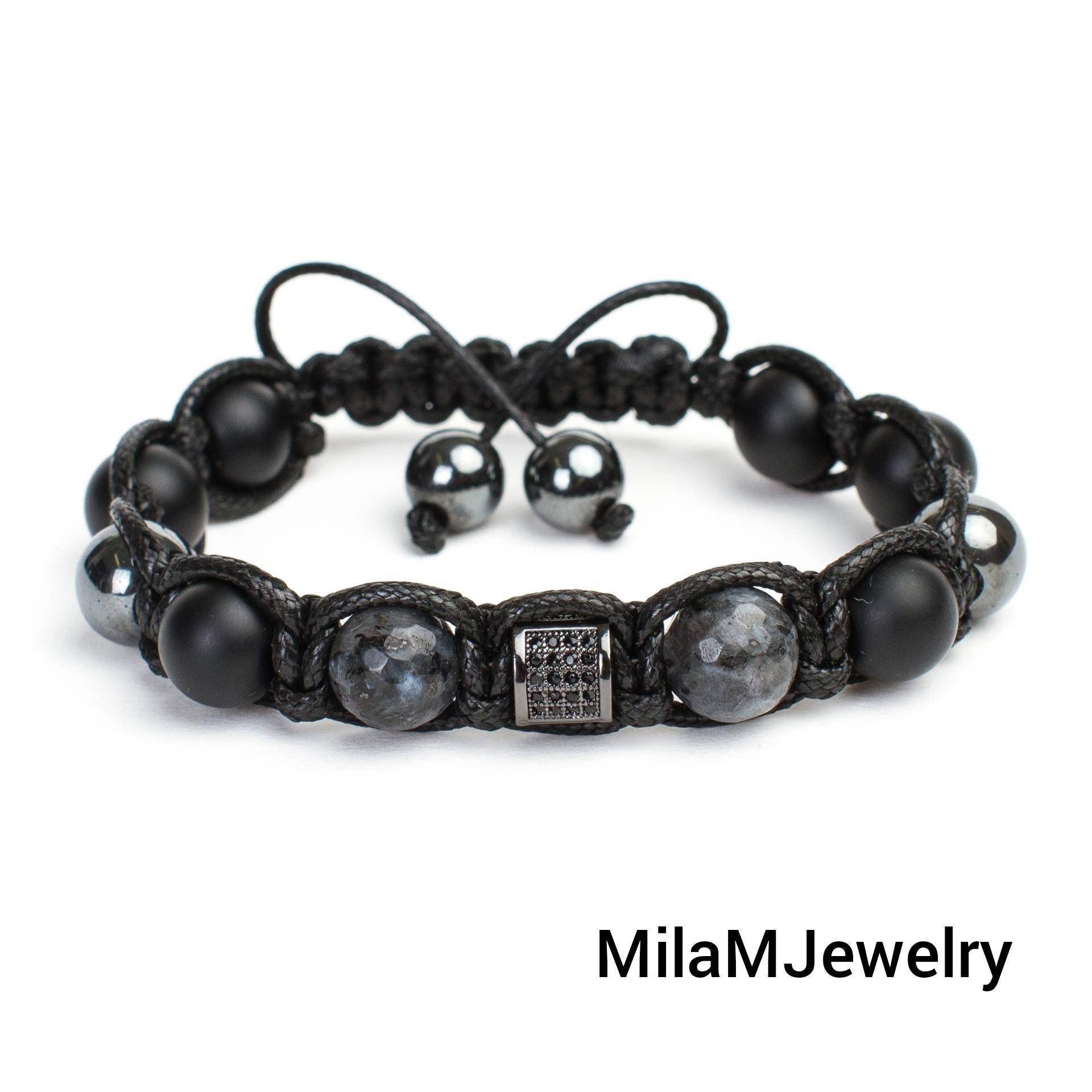 Men's bracelet diamond Black beads hematite, lavrikite, black onyx, zirconium. Gift for men