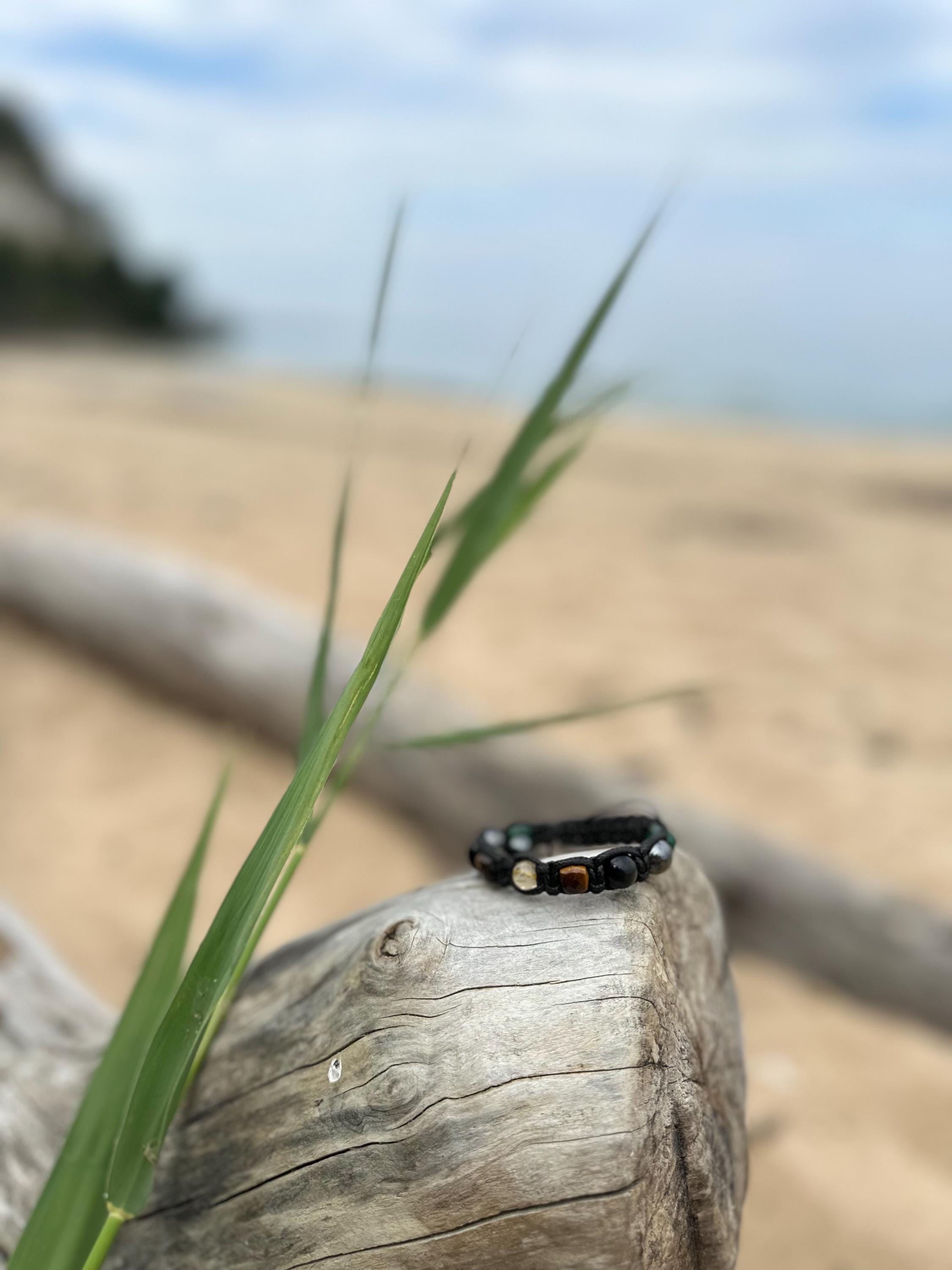 Men's bracelet with precious stones citrine - obsidian, fuchsite for wealth, protection and harmony
