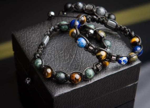 Men’s Natural Stone Bracelet, Tiger Eye Beaded Bracelet for Men, Green Rhyolite Gemstone Bracelet, Handmade Jewelry Gift for Him