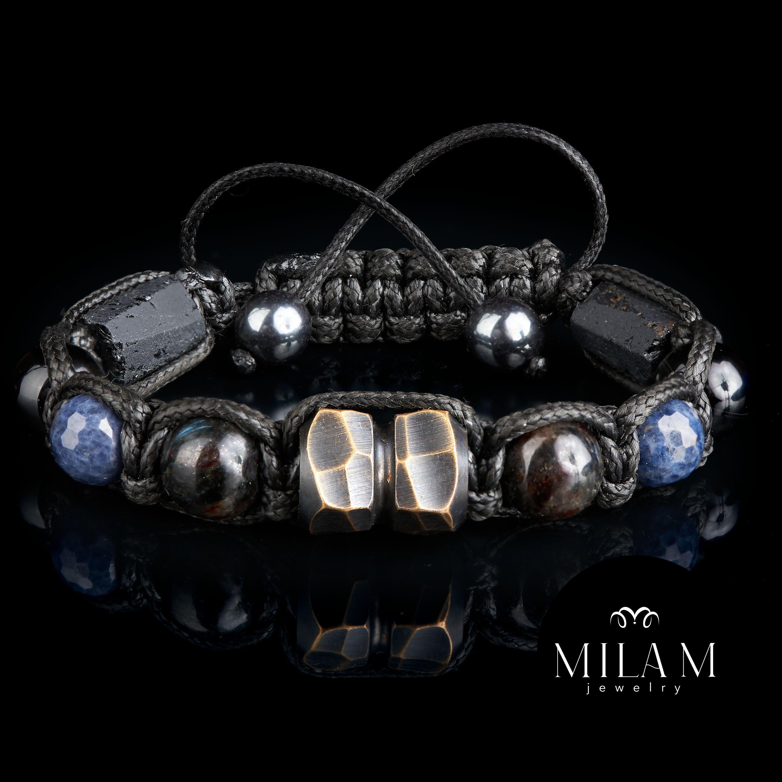 Mens Sapphire Bracelet • Black Tourmaline Bracelet with Handmade Metal bead Exclusive Gemstone Bracelet for Man, Husband Gift.