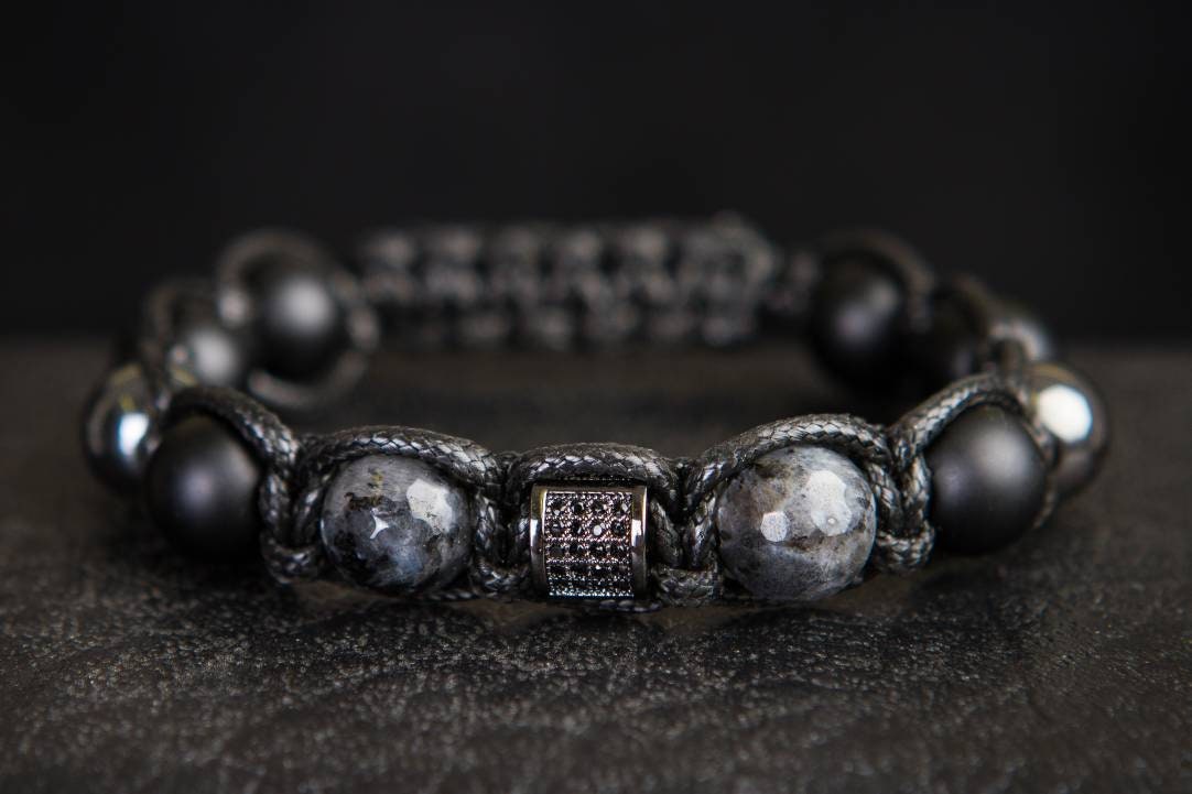 Men's bracelet diamond Black beads hematite, lavrikite, black onyx, zirconium. Gift for men
