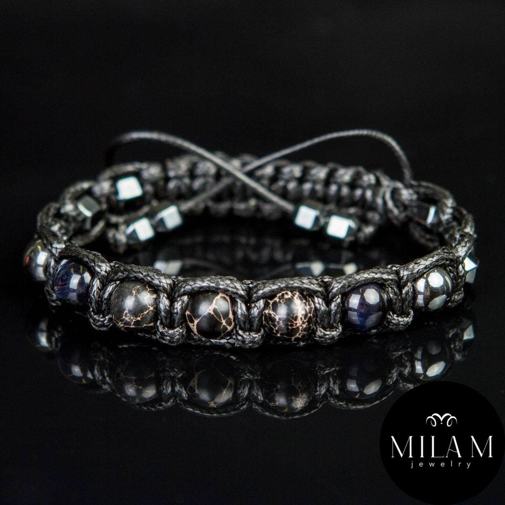 Men's Braided Bracelet: Hawk's Eye, Imperial Jasper, Hematite