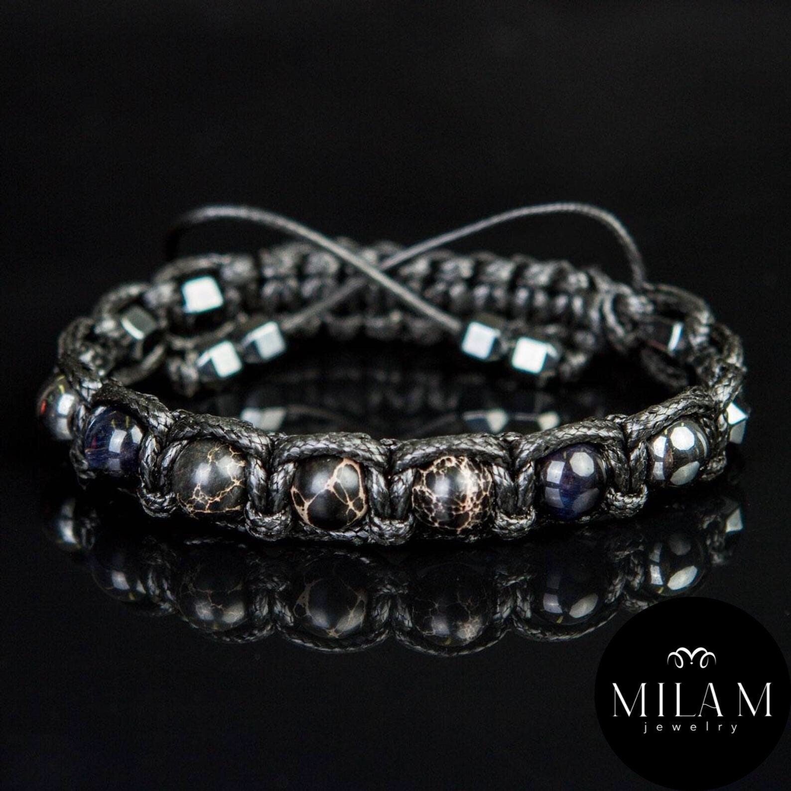 Men's Braided Bracelet: Hawk's Eye, Imperial Jasper, Hematite