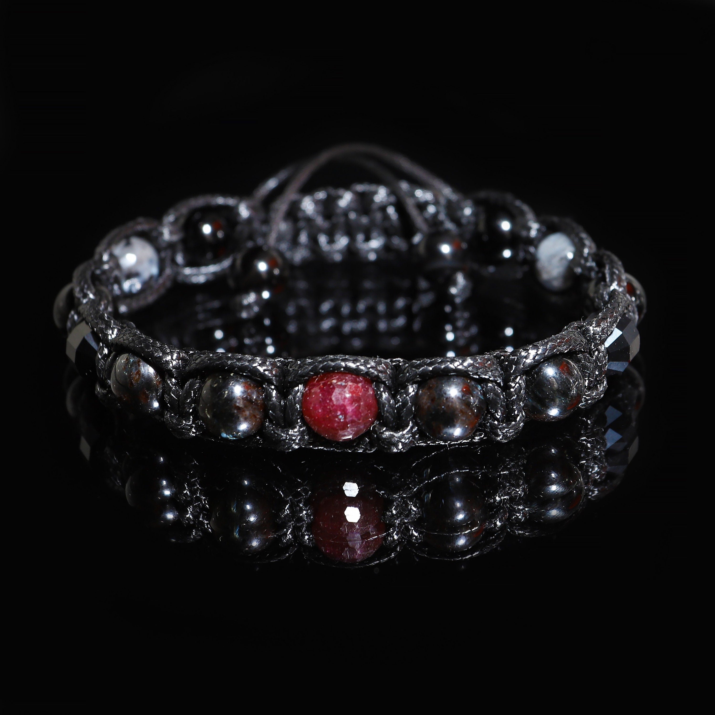 Mens Tourmaline Ruby Macrame Bracelet - Grounding Protection Jewelry Gift