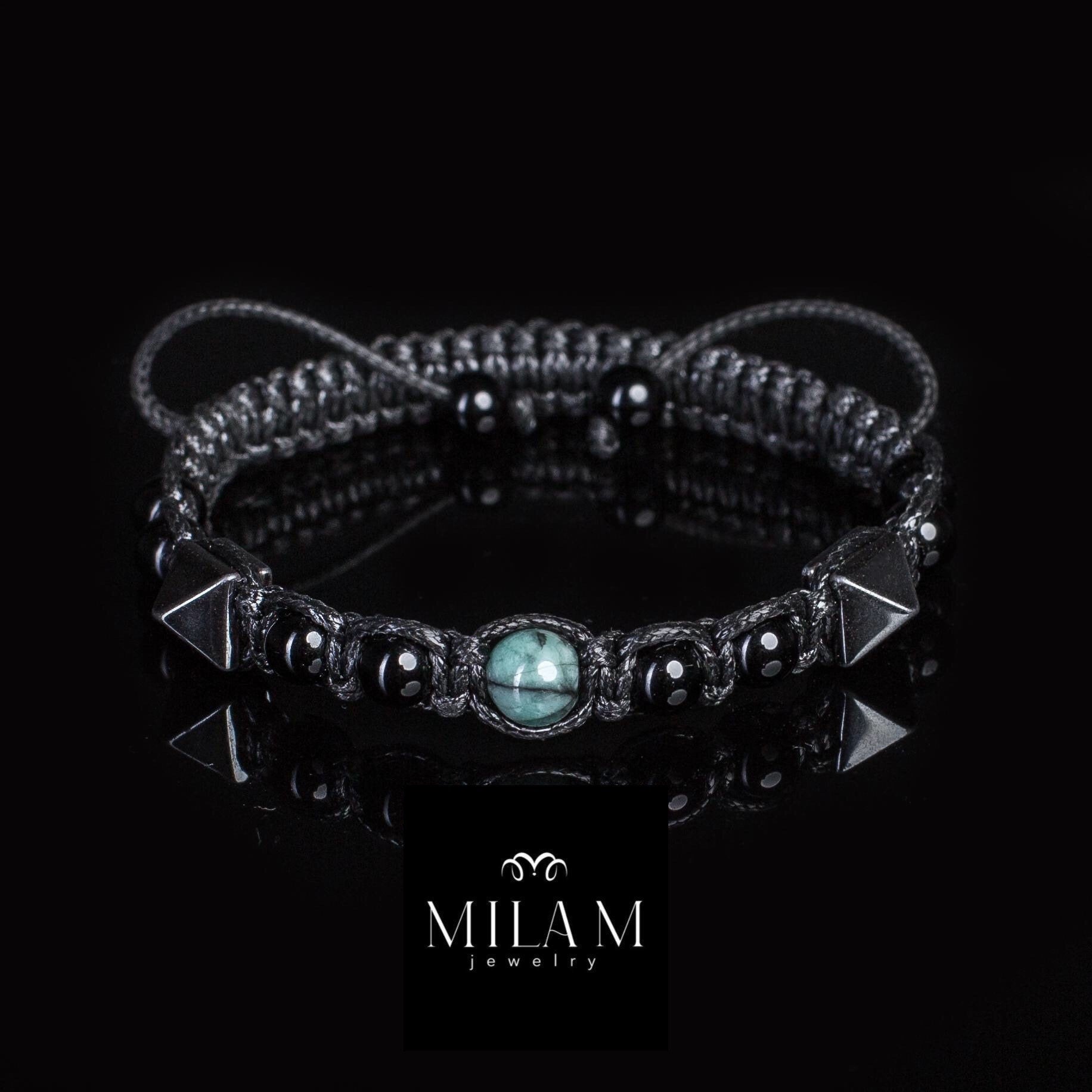 Mens Emerald Bracelet: Black Tourmaline, Tiger Eye & Hematite Amulet