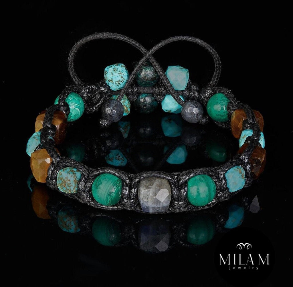 Men’s Turquoise Bracelet • Tiger Eye • Malachite • Labradorite • Emerald Fuchsite  • Protection Bracelet for Men •  Prosperity Gift •