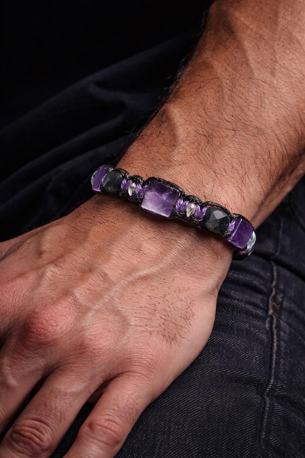 Amethyst Black Tourmaline Rose Quartz Bracelet, Handmade Gemstone Jewelry for Men