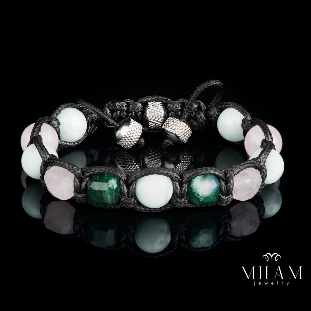 Aquamarine, Rose Quartz & Fuchsite Bracelet for Men – Natural Healing Stones Jewelry – Unisex Spiritual Gift
