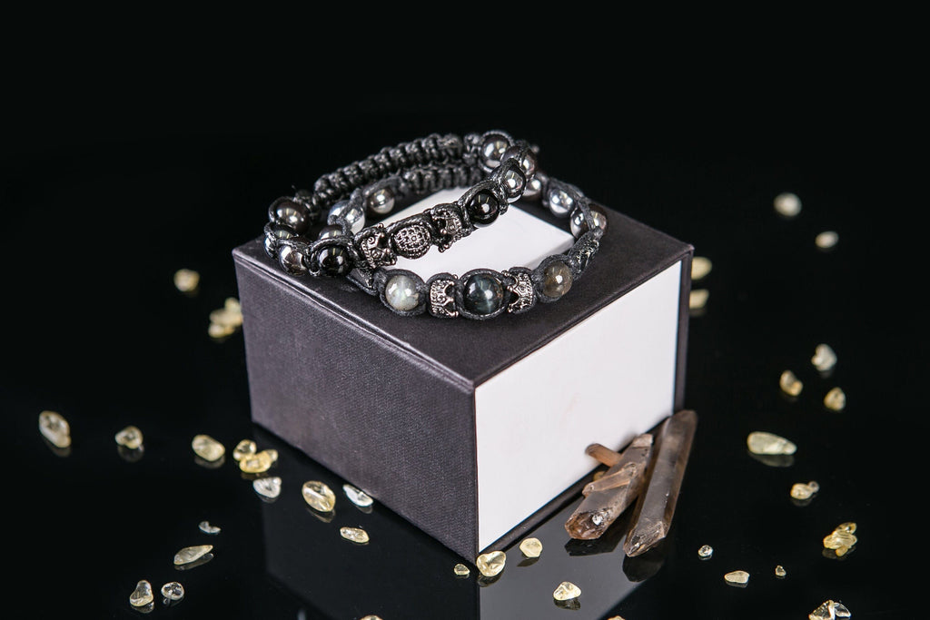 Handmade Black Onyx Bracelet, Crown CZ Diamond, Hematite Jewelry