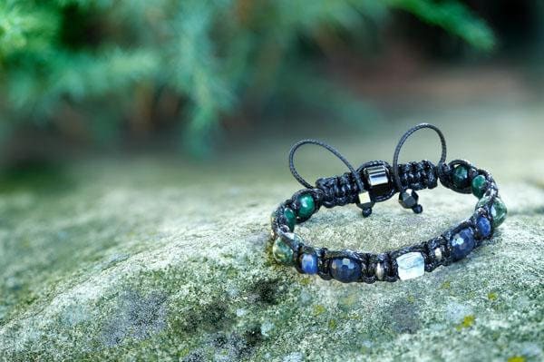 Mens Braided Black Cord Bracelet with Cube Blue Topaz, Natural Sapphire, Seraphinite, Emerald Fuchsite • Prosperity Manifest Wealth Success