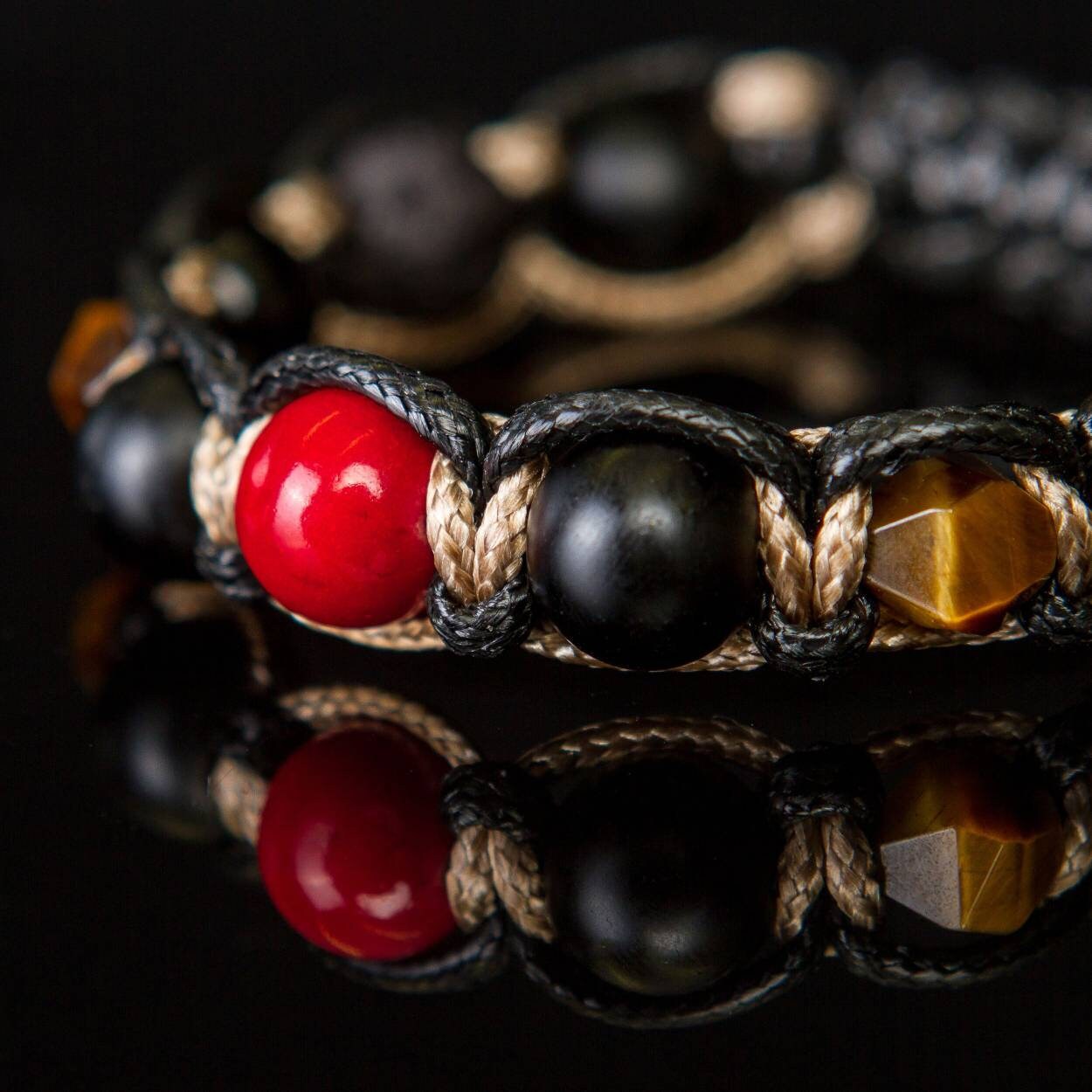 Mens Bracelet Red Gemstone Protection Coral, tiger eye, lava, matte onyx men's bracelet braided. Prosperity and good luck healing bracelet.