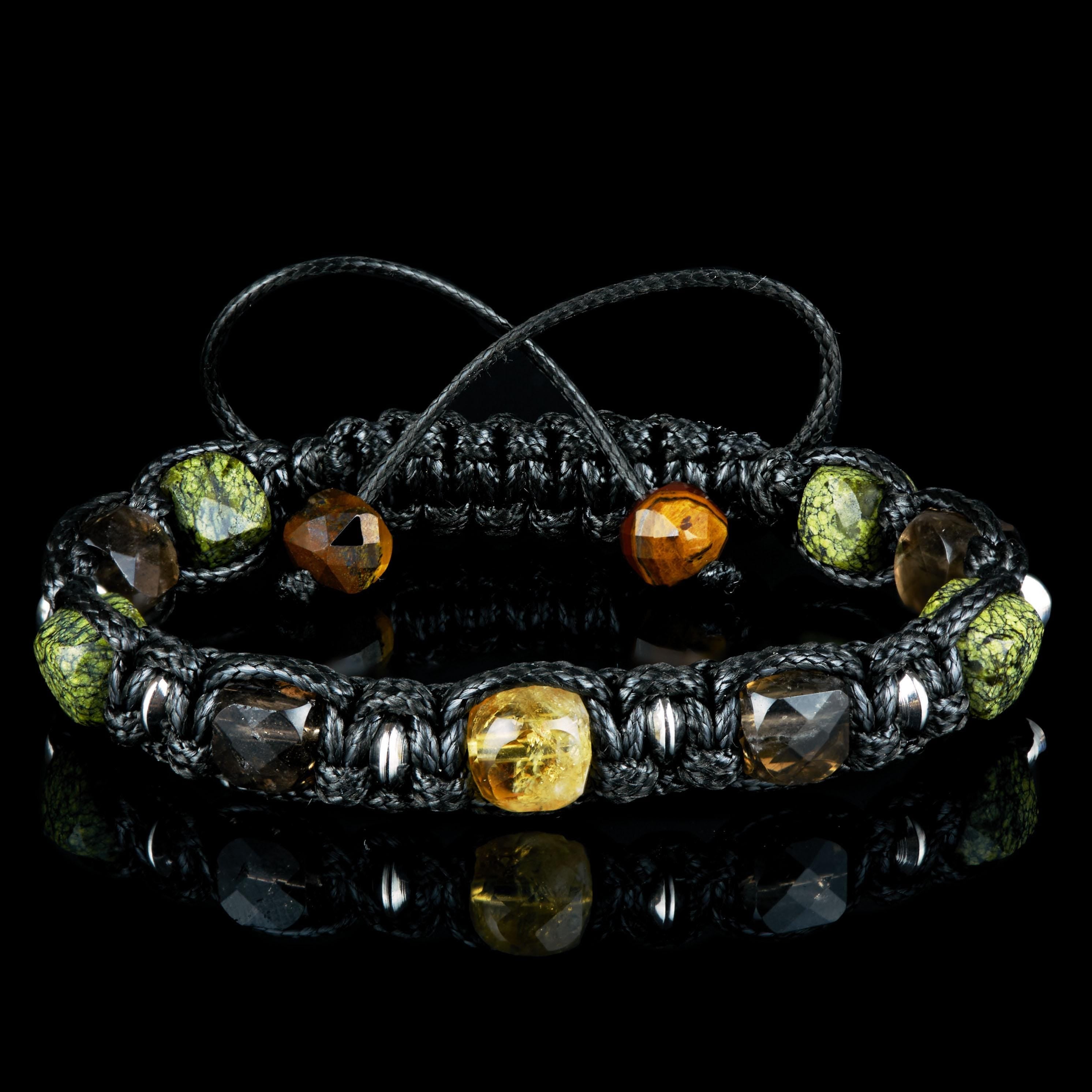 Bracelet for Men • Yellow Citrine Cube, Smoky Quartz, Serpentine, Tiger eye Stones • Silver Details • Wealth & Protection