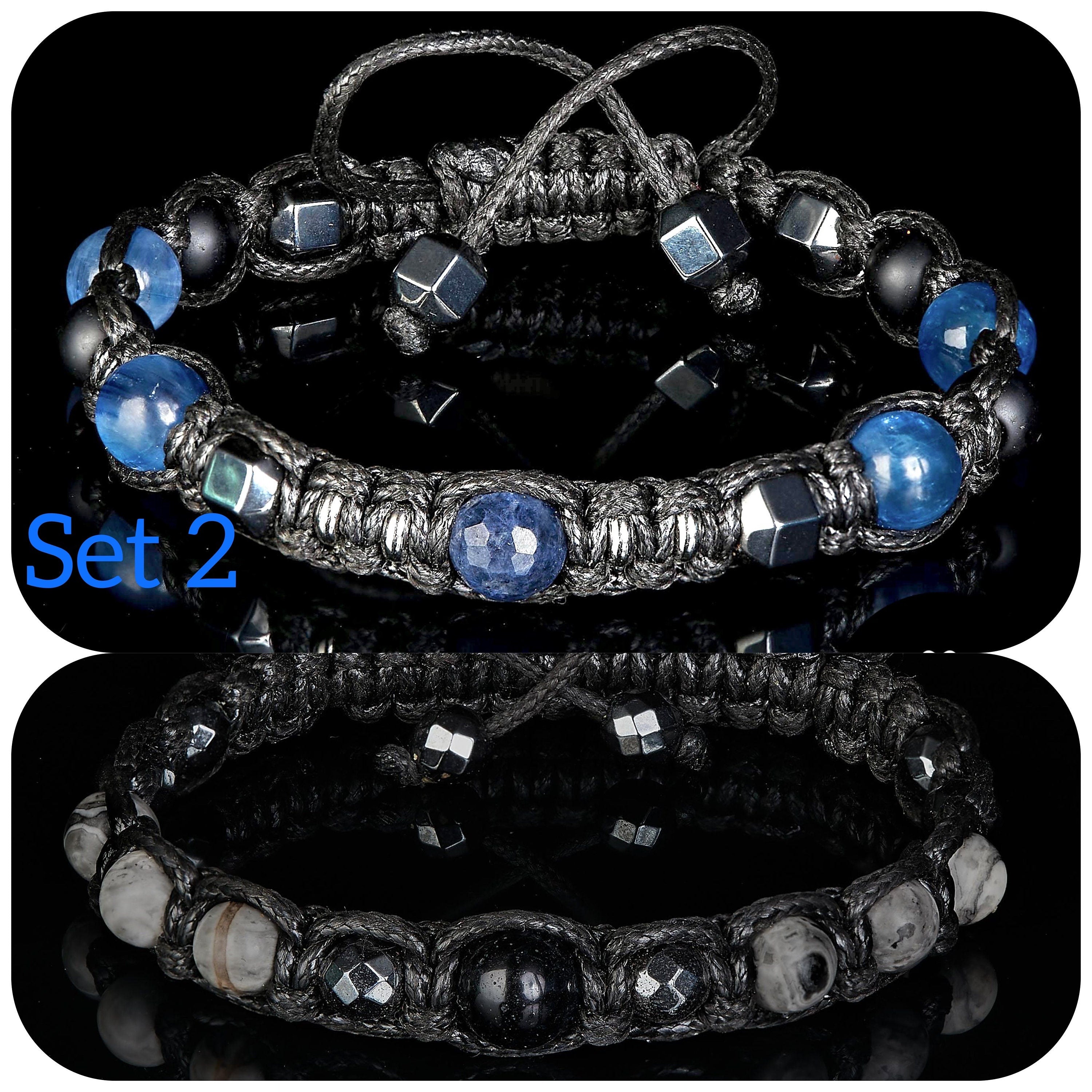 Blue sapphire bracelet men, Minimalist men's bracelet with precious stones - kyanite, hematite. Gifts for man protection success Jewelry