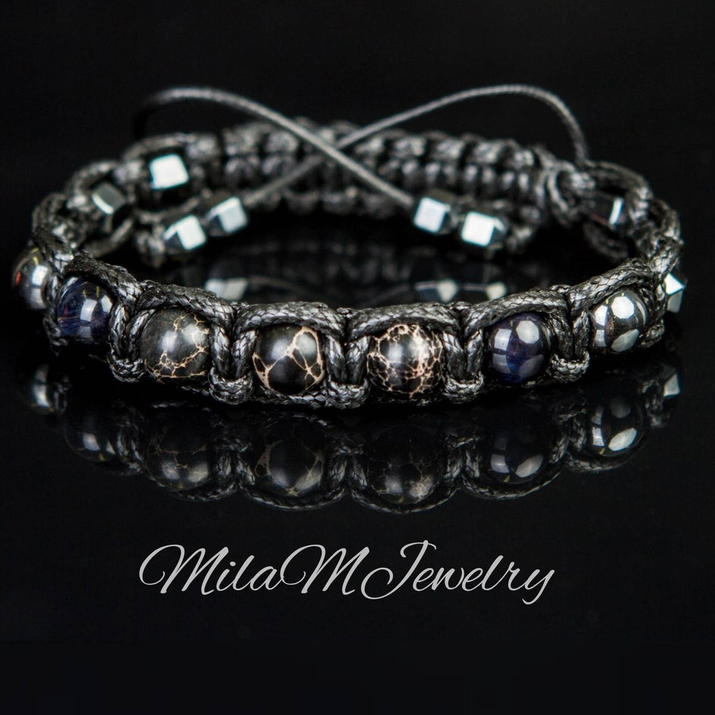 Men's Braided Bracelet: Hawk's Eye, Imperial Jasper, Hematite