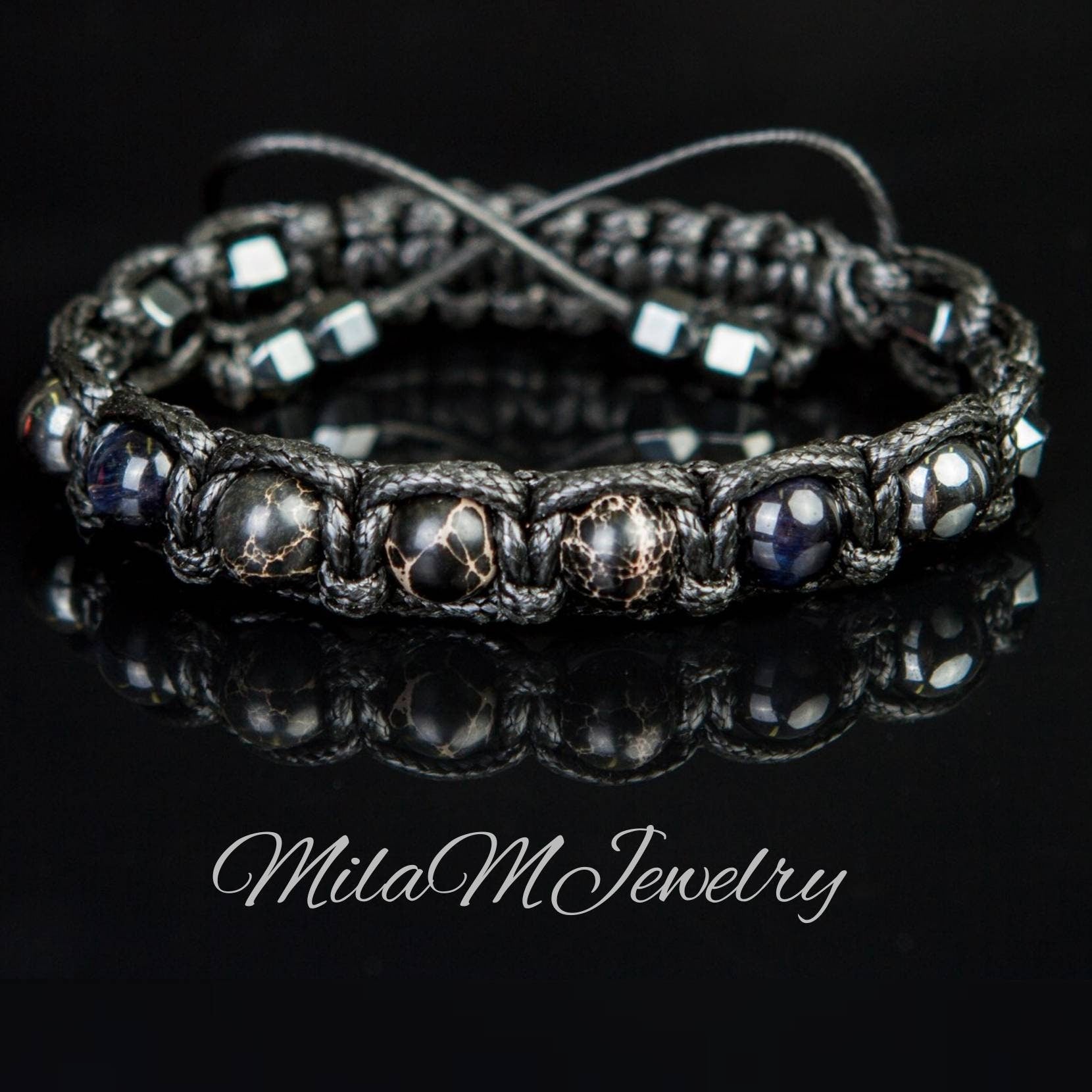 Men's Braided Bracelet: Hawk's Eye, Imperial Jasper, Hematite