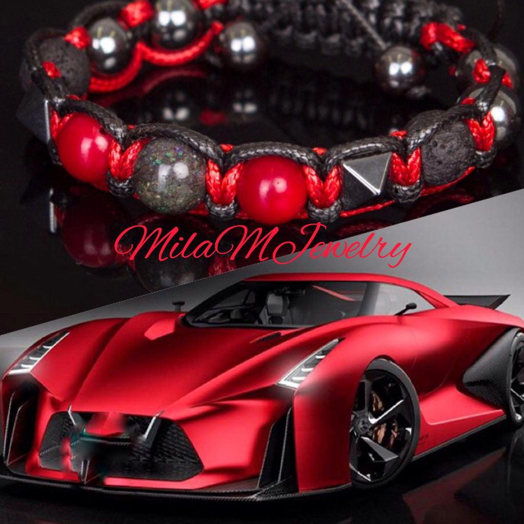 Prosperity bracelet men gift for him. Natural Black opal, Red Coral, lava, hematite men's bracelet cord.