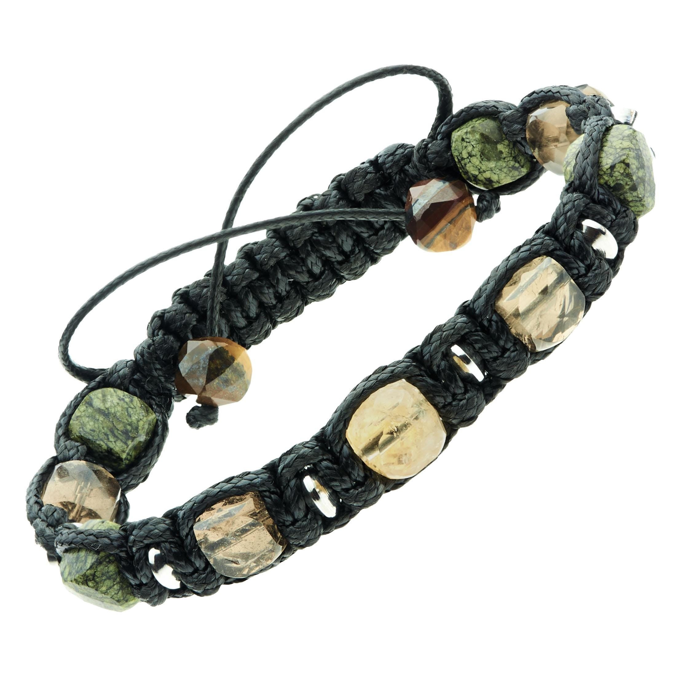 Bracelet for Men • Yellow Citrine Cube, Smoky Quartz, Serpentine, Tiger eye Stones • Silver Details • Wealth & Protection