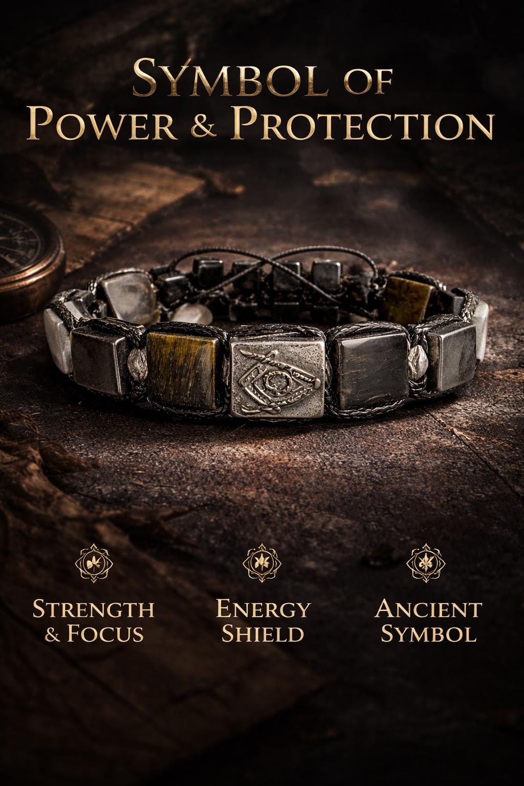 Masonic Symbol Bracelet for Men - Tiger's Eye Protection Stones - Sacred Geometry Jewelry, Brotherhood Gift, Freemason Talisman for Him