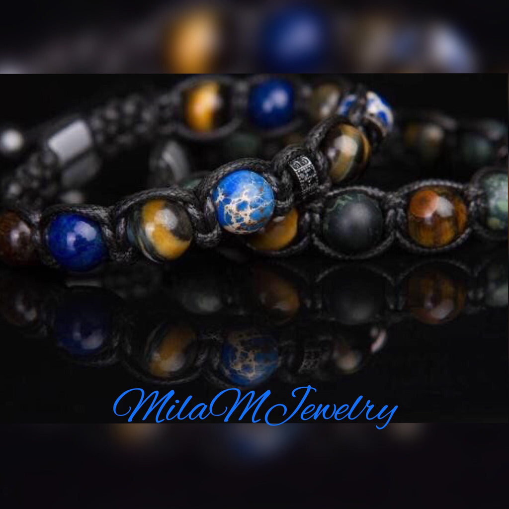 Men’s Natural Stone Bracelet, Tiger Eye Beaded Bracelet for Men, Green Rhyolite Gemstone Bracelet, Handmade Jewelry Gift for Him