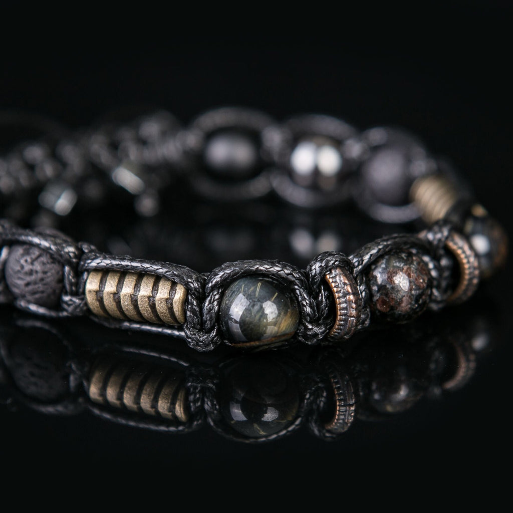 Men's Beaded Bracelet: Hawk Eye, Lava Rock, Hematite & Leather