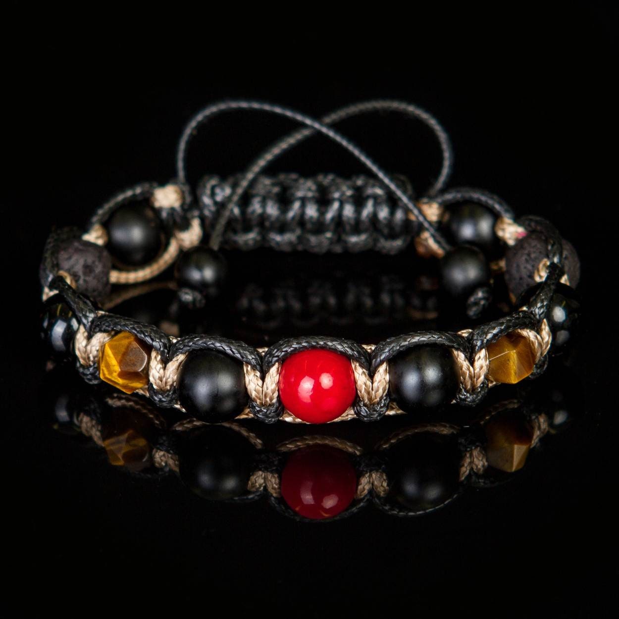Mens Bracelet Red Gemstone Protection Coral, tiger eye, lava, matte onyx men's bracelet braided. Prosperity and good luck healing bracelet.