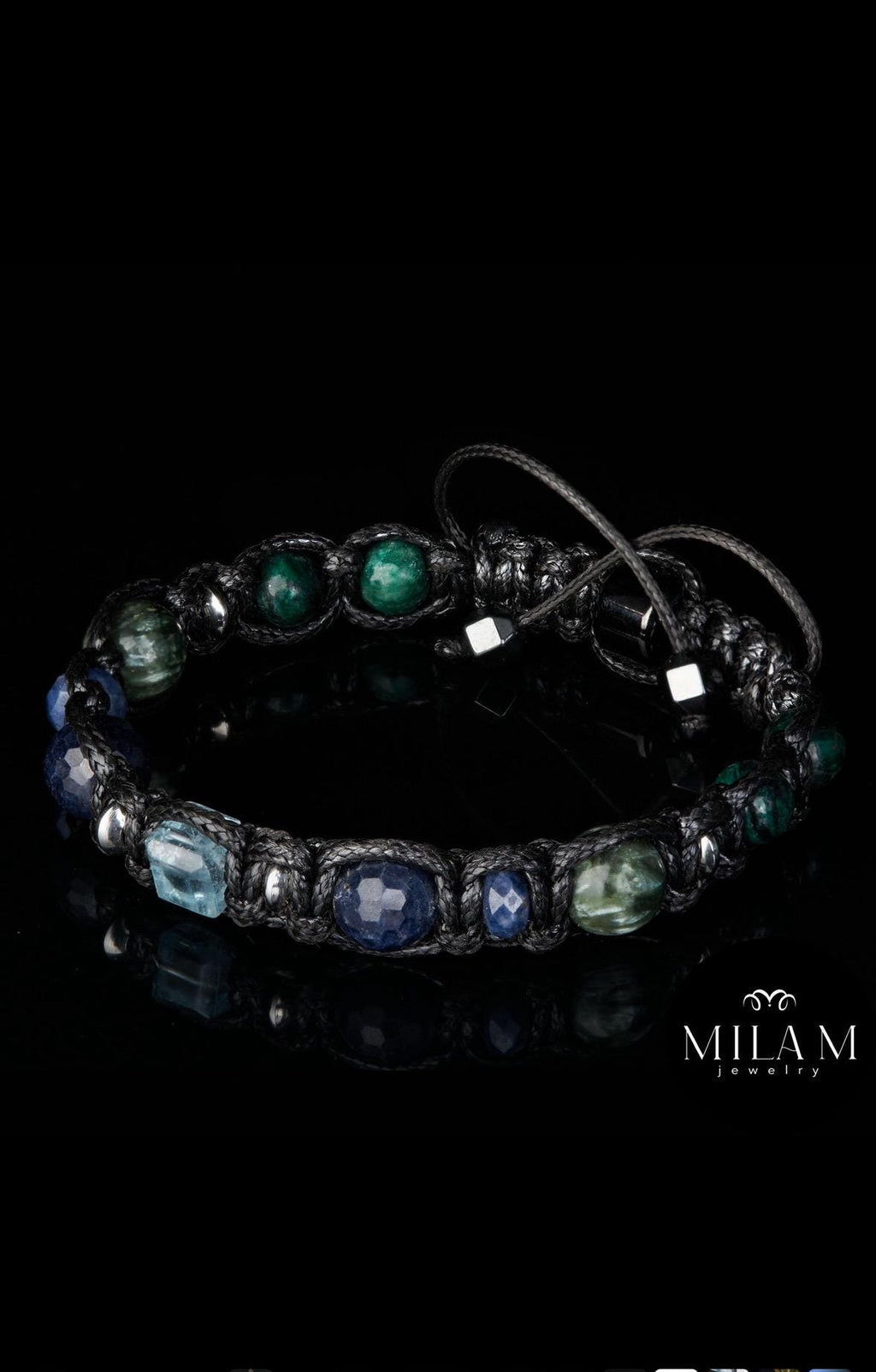 Mens Braided Black Cord Bracelet with Cube Blue Topaz, Natural Sapphire, Seraphinite, Emerald Fuchsite • Prosperity Manifest Wealth Success