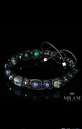 Mens Braided Black Cord Bracelet with Cube Blue Topaz, Natural Sapphire, Seraphinite, Emerald Fuchsite • Prosperity Manifest Wealth Success