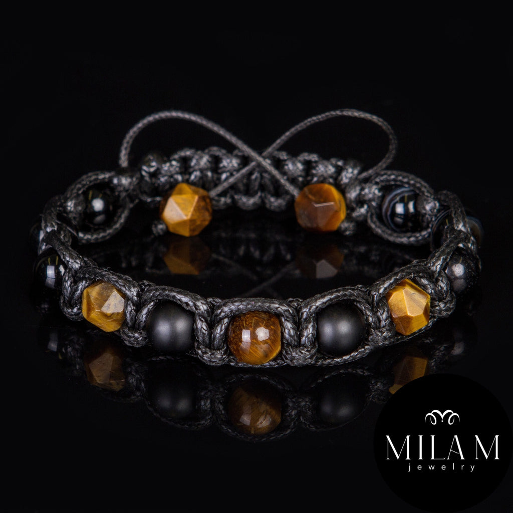 Mens Beaded Bracelet Black Matte Onyx Tiger Eye Spiritual Bracelet for Protection and Prosperity