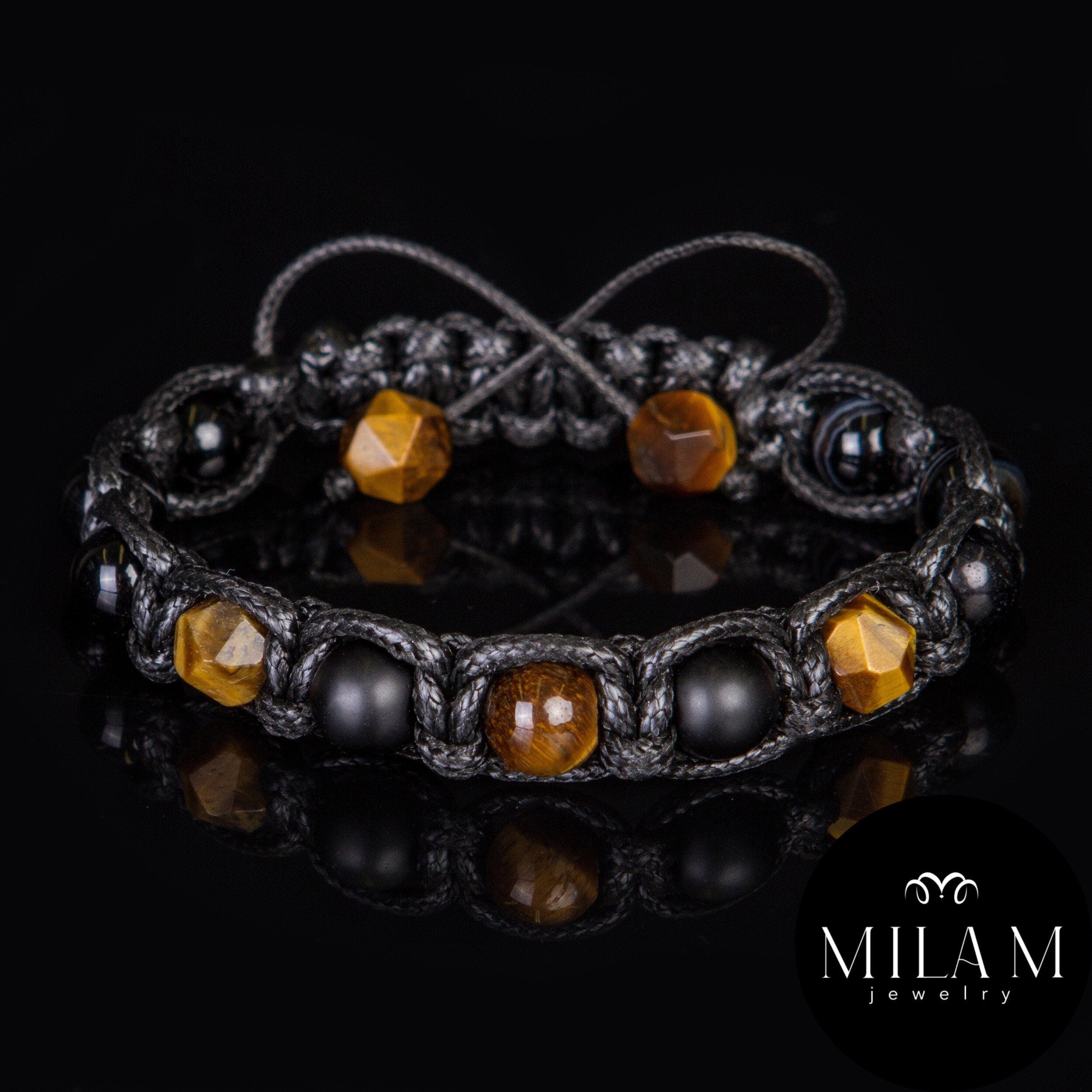 Mens Beaded Bracelet Black Matte Onyx Tiger Eye Spiritual Bracelet for Protection and Prosperity