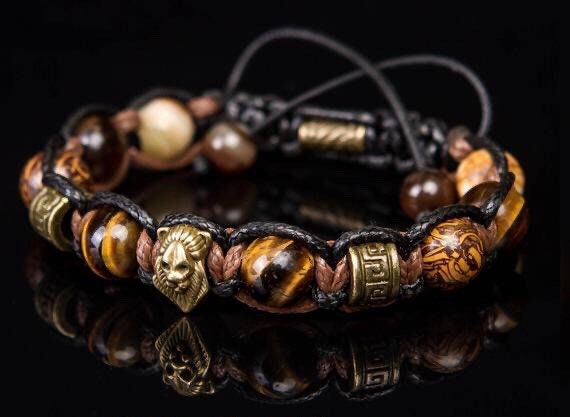 Lion bracelet with real gemstones - tiger's eye, exclusive, bronzite,  onyx, bronze metal beads.  Gift for Lion. Good luck talisman man