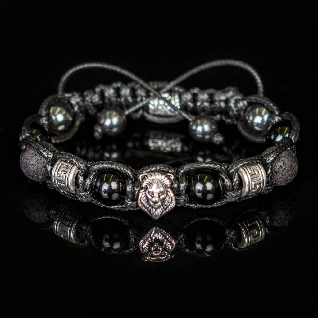 Lion bracelet men - black stones and silver metal beads. Black onyx  lava beads, hematite gemstones. Christmas gift for him