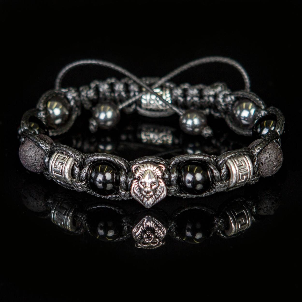 Lion bracelet men - black stones and silver metal beads. Black onyx  lava beads, hematite gemstones. Christmas gift for him