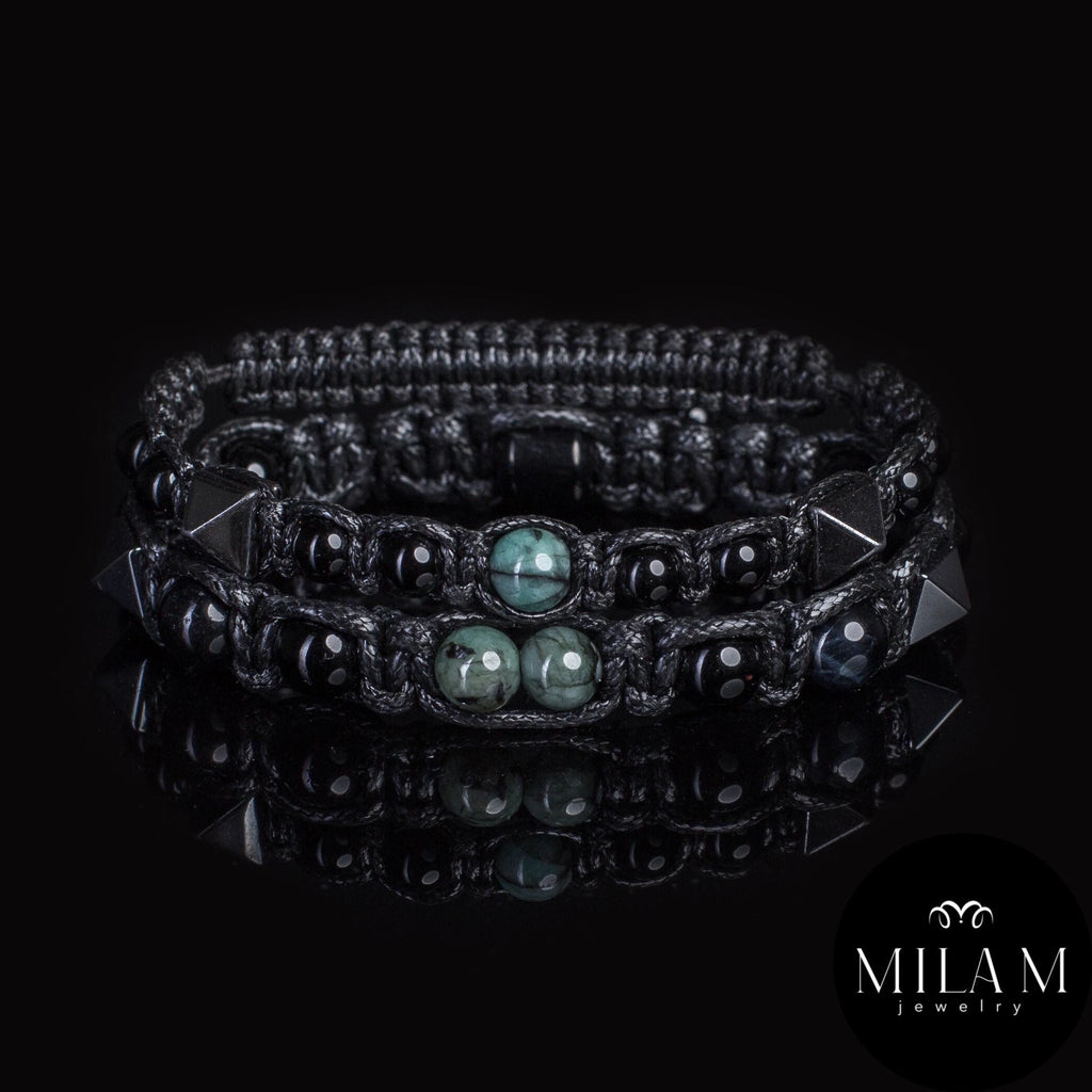 Mens Emerald Bracelet: Black Tourmaline, Tiger Eye & Hematite Amulet
