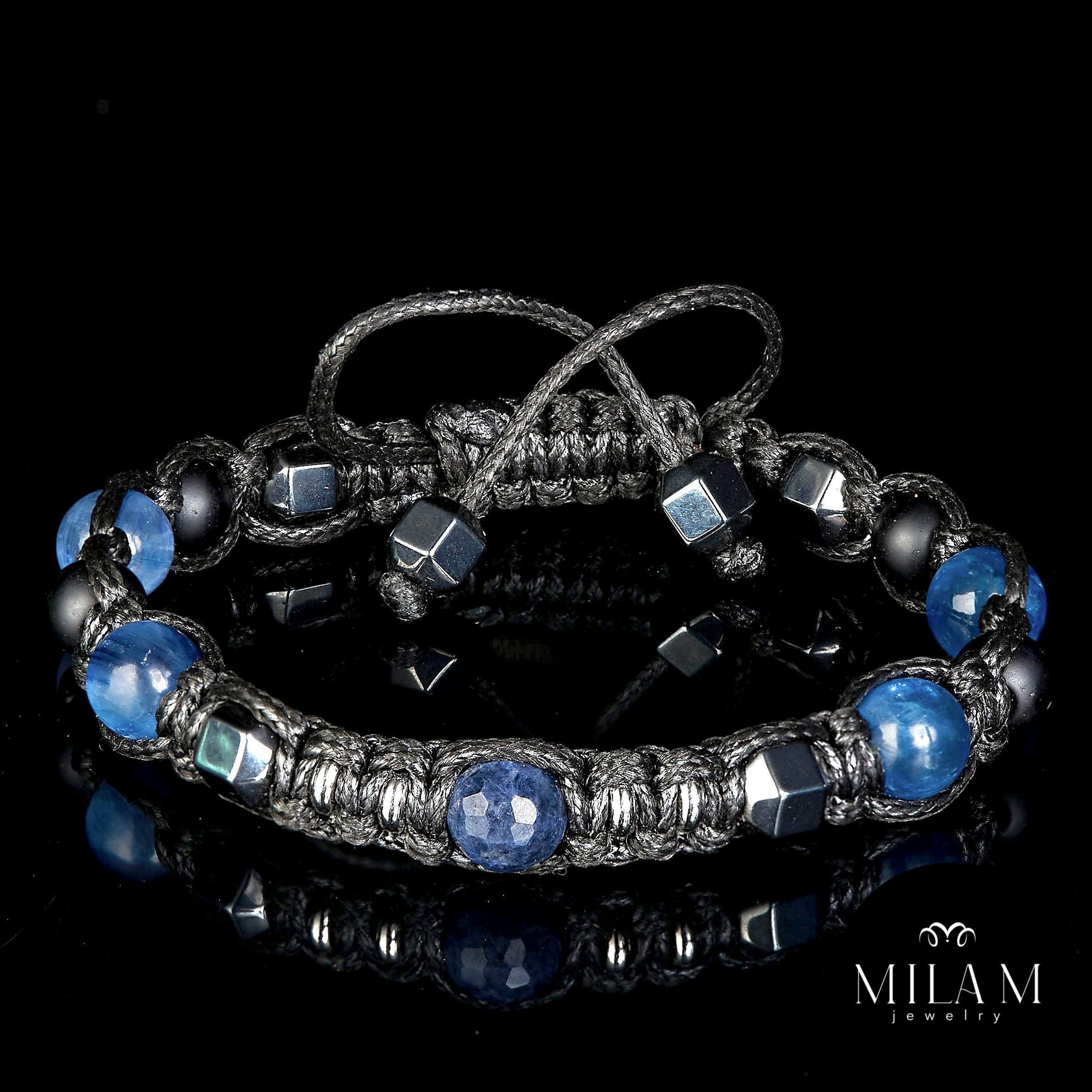 Blue sapphire bracelet men, Minimalist men's bracelet with precious stones - kyanite, hematite. Gifts for man protection success Jewelry