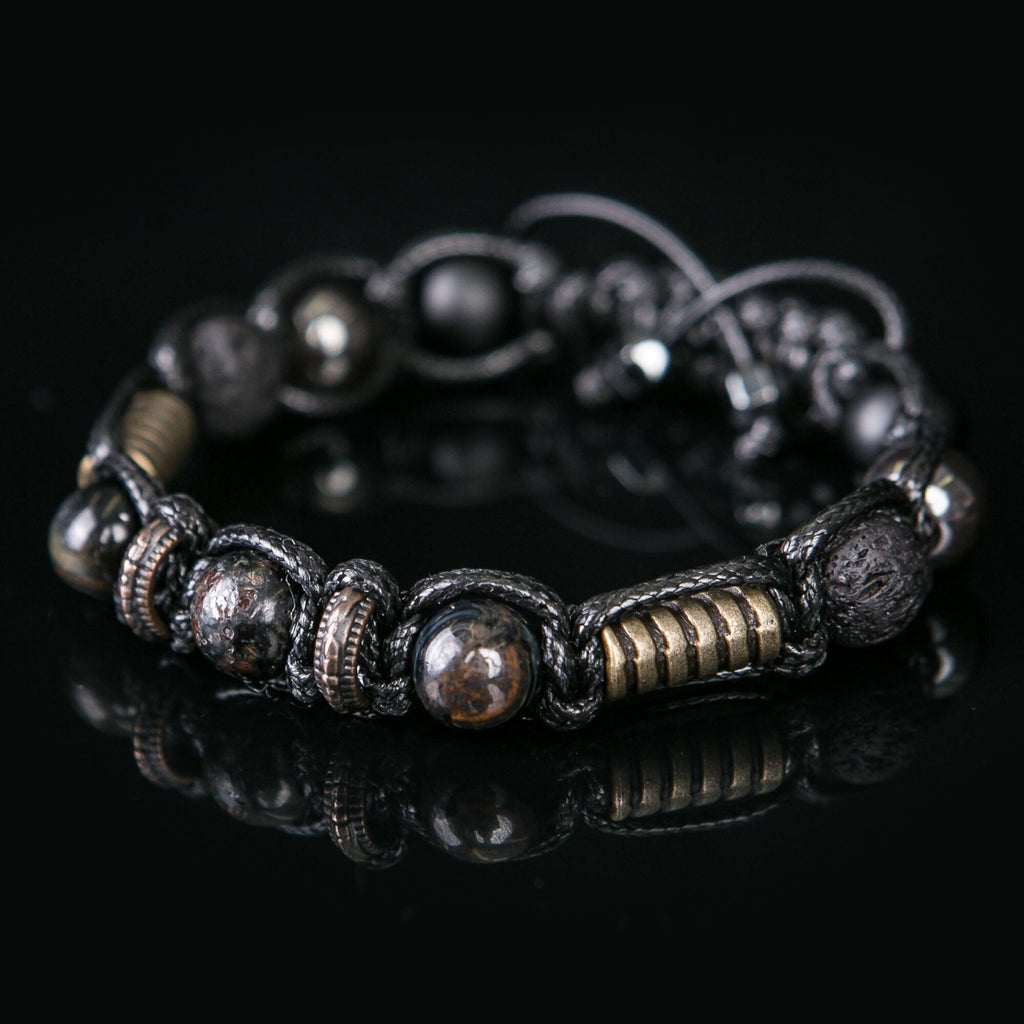 Men's Beaded Bracelet: Hawk Eye, Lava Rock, Hematite & Leather