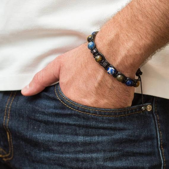 Men’s Natural Stone Bracelet, Tiger Eye Beaded Bracelet for Men, Green Rhyolite Gemstone Bracelet, Handmade Jewelry Gift for Him