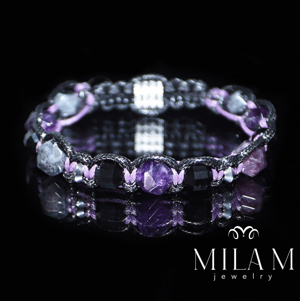 Men's Amethyst Black Tourmaline Labradorite Bracelet - Exclusive Design with Gemstone Beads and Stainless Steel