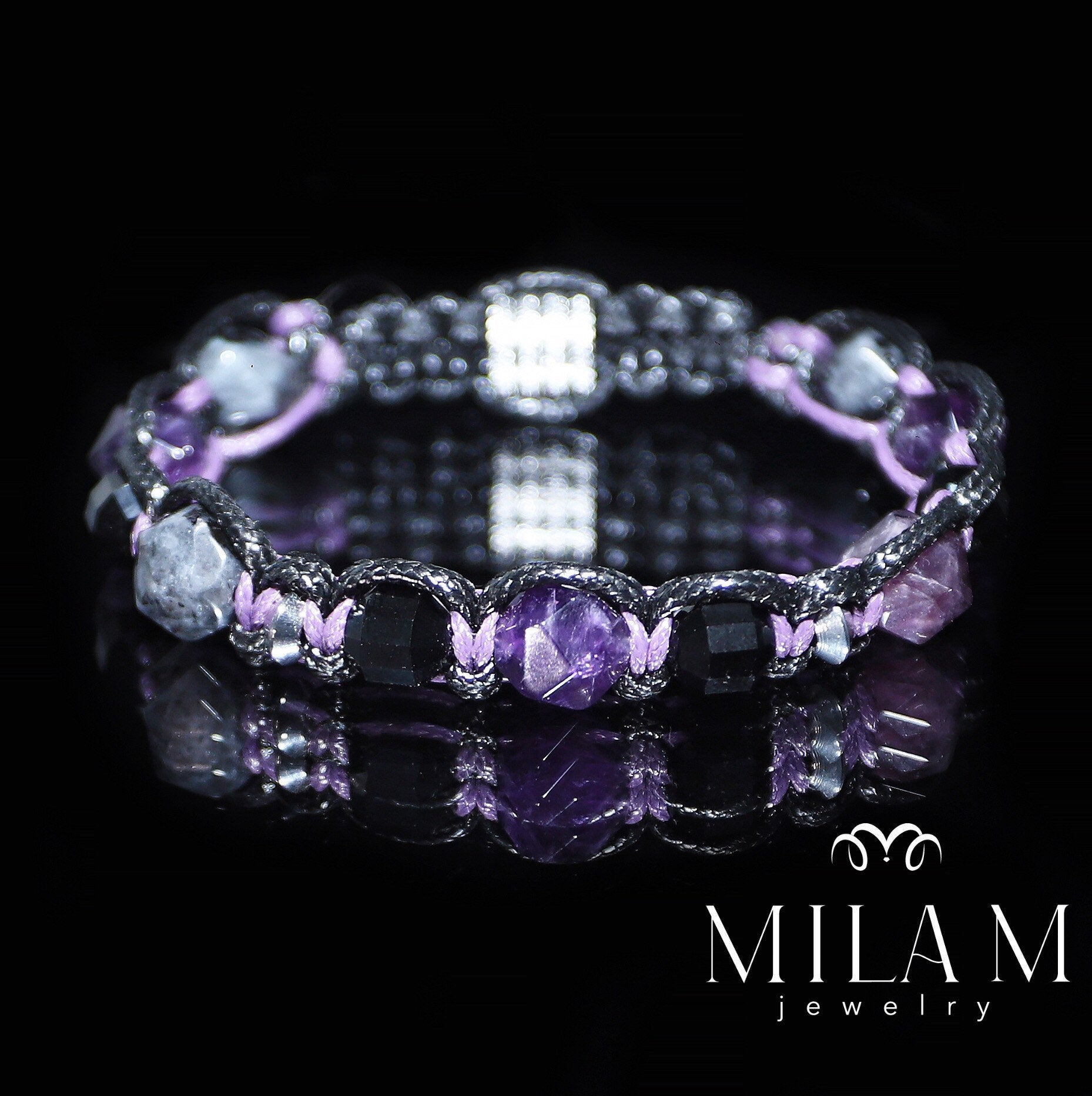 Men's Amethyst Black Tourmaline Labradorite Bracelet - Exclusive Design with Gemstone Beads and Stainless Steel