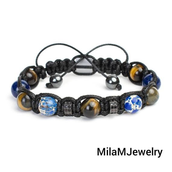 Men’s Natural Stone Bracelet, Tiger Eye Beaded Bracelet for Men, Green Rhyolite Gemstone Bracelet, Handmade Jewelry Gift for Him