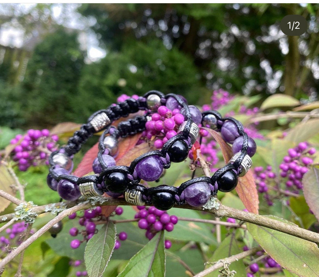 Amethyst • Black Tourmaline • Unisex Bracelet for Men and Women. Men's Bracelet. Purple-black stones, 10 mm, with metal accents.