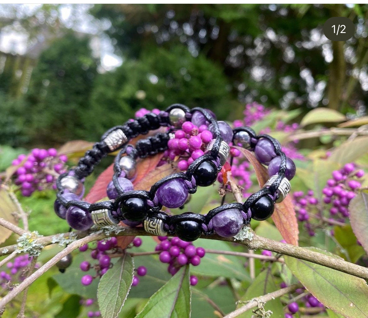 Amethyst • Black Tourmaline • Unisex Bracelet for Men and Women. Men's Bracelet. Purple-black stones, 10 mm, with metal accents.