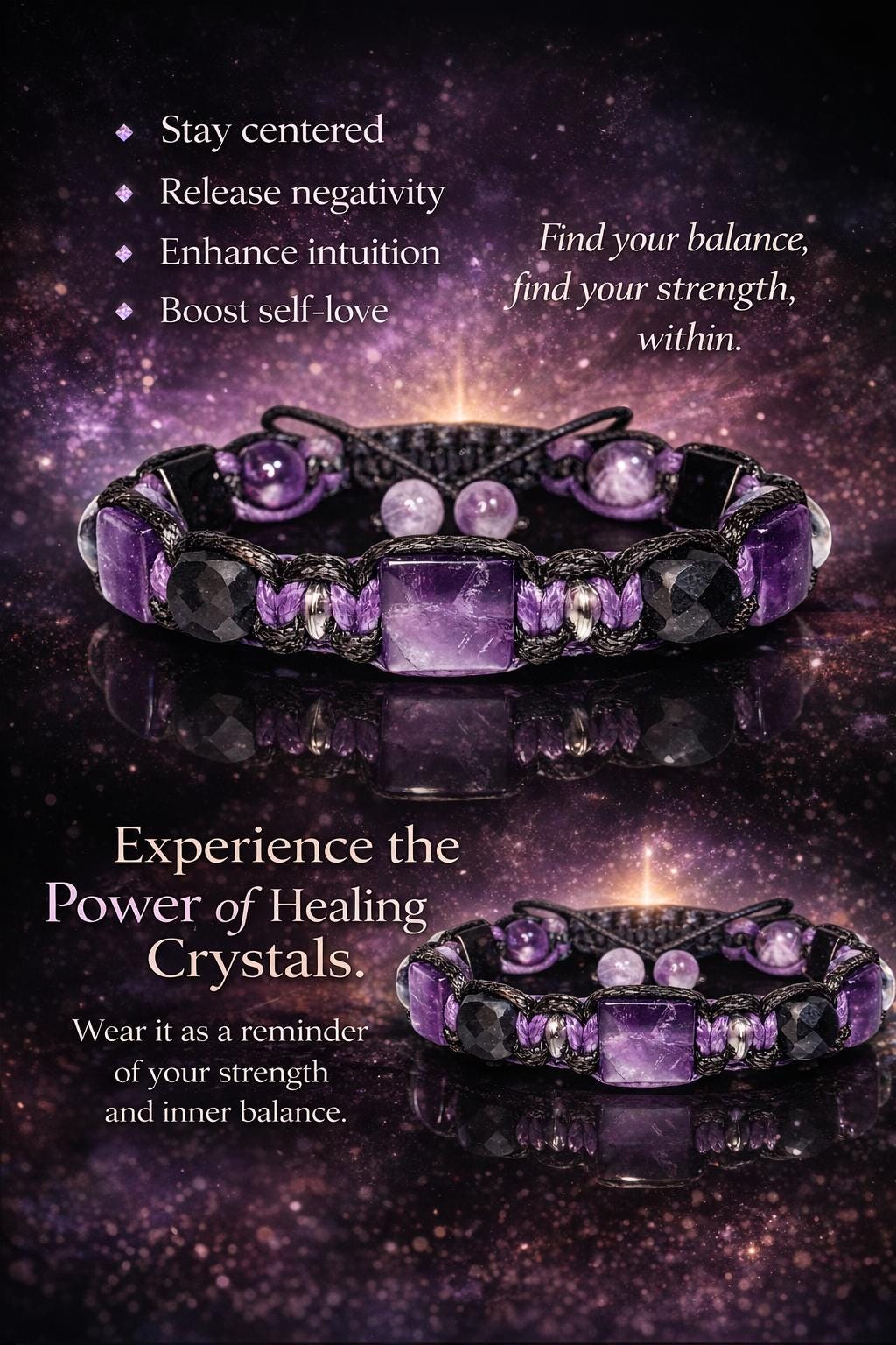Amethyst Black Tourmaline Rose Quartz Bracelet, Handmade Gemstone Jewelry for Men