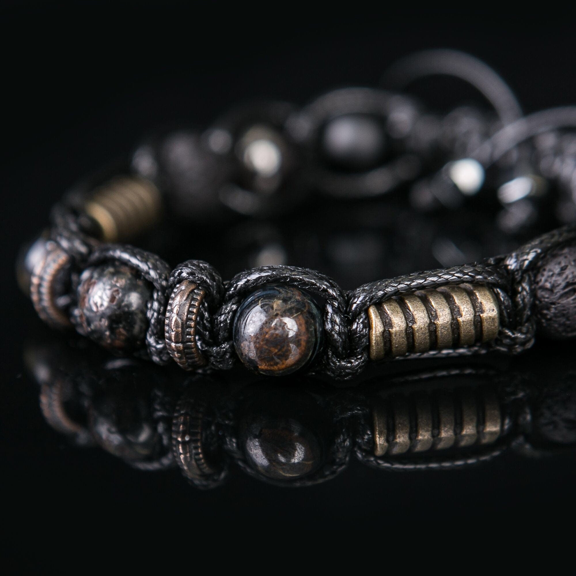Men's Beaded Bracelet: Hawk Eye, Lava Rock, Hematite & Leather