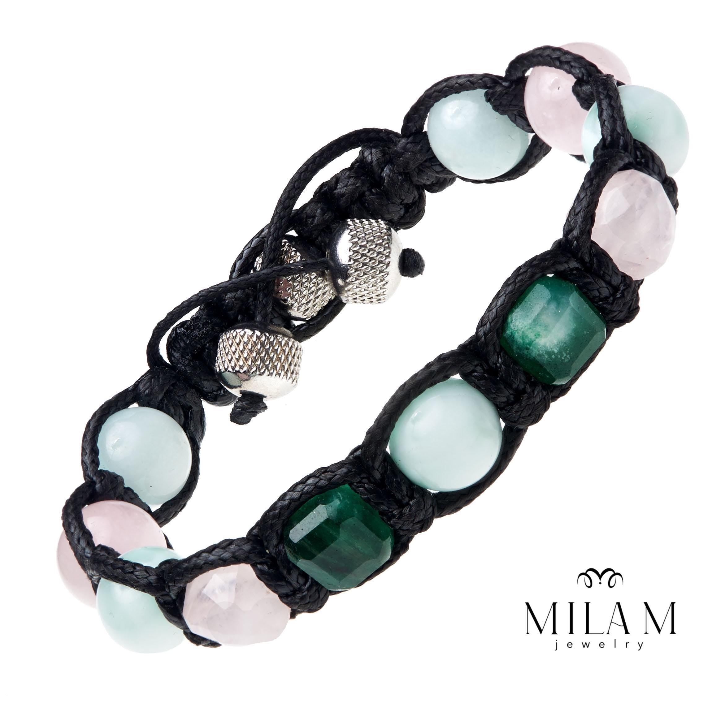 Aquamarine, Rose Quartz & Fuchsite Bracelet for Men – Natural Healing Stones Jewelry – Unisex Spiritual Gift