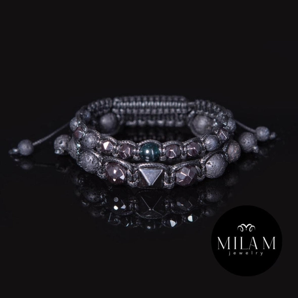 Men's Hematite Lava Stone Bracelet Set • Black Gemstone Jewelry