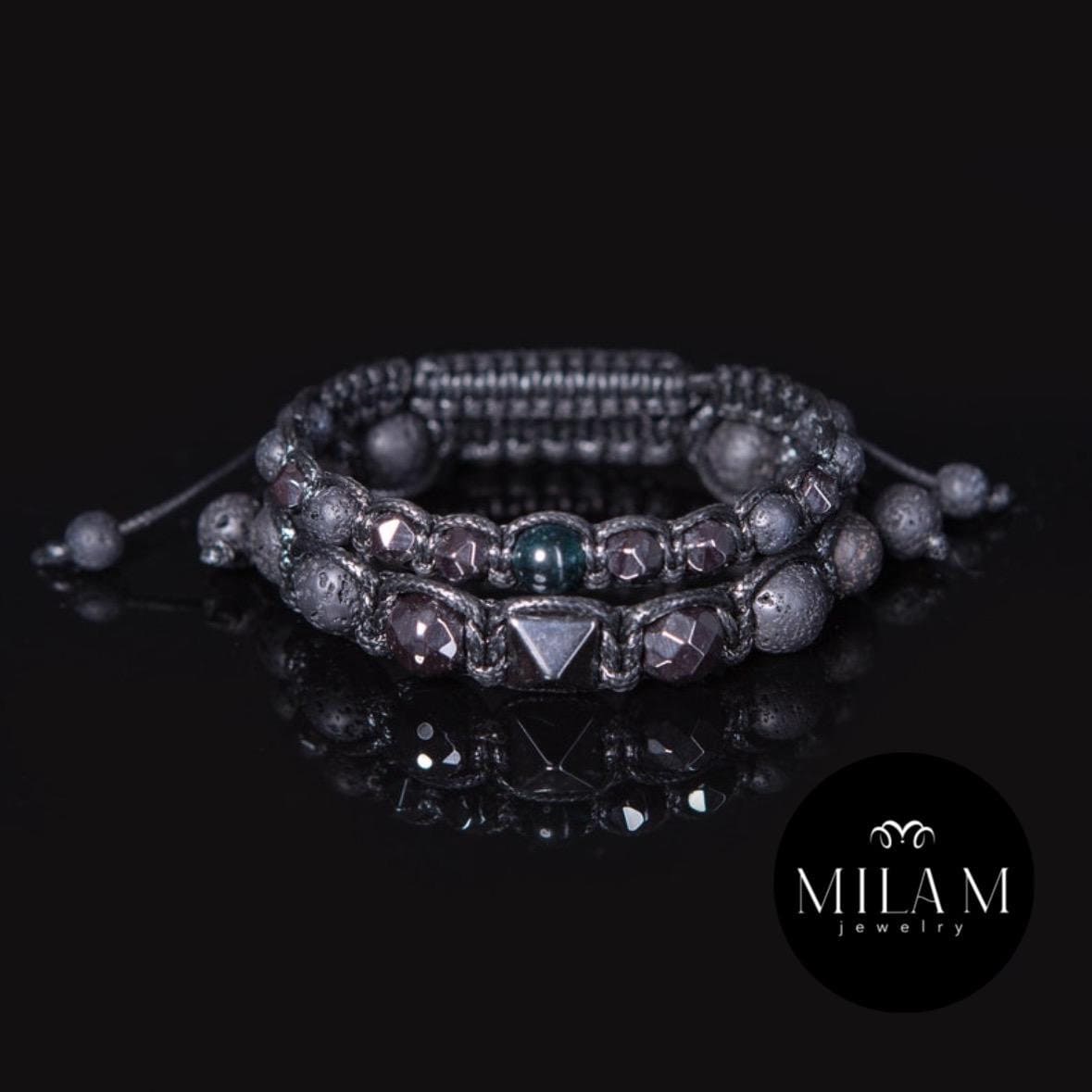 Men's Hematite Lava Stone Bracelet Set • Black Gemstone Jewelry